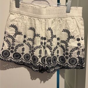 Women's White Shorts with Navy Embroidered Floral Detail